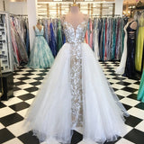 A-Line Spaghetti Straps Floor Length White Detachable Train Prom Dresses with Appliques OKQ65