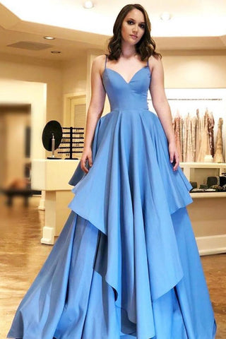 Simple A-Line Spaghetti Straps Blue Satin Tiered Prom Dresses OKL83