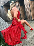 Sheath Spaghetti Straps Backless Red Sequined Prom Dresses with Split OKP8