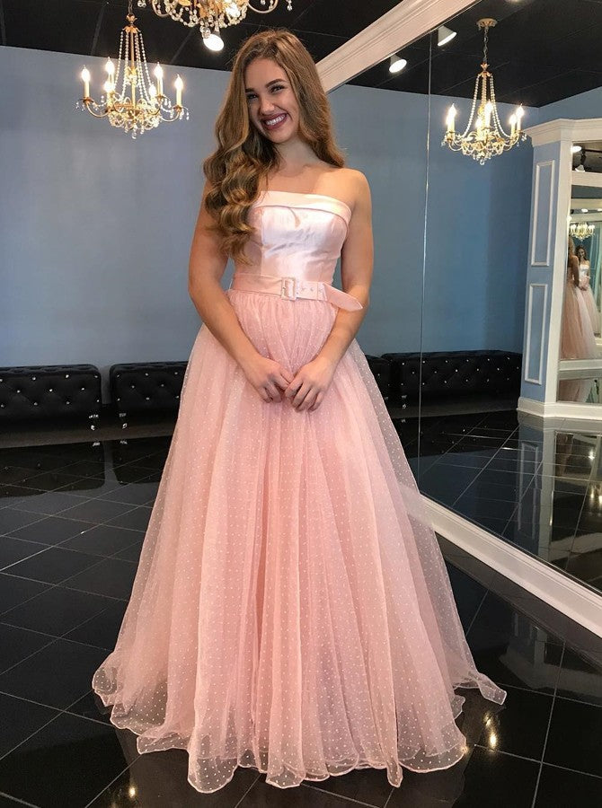 A-Line Strapless Floor-Length Pink Tulle Prom Dresses with Belt OKL67