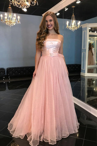 A-Line Strapless Floor-Length Pink Tulle Prom Dresses with Belt OKL67