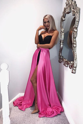 A-Line Sweetheart Detachable Fuchsia Satin Prom Dresses OKL86