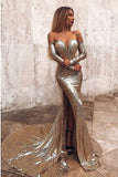 Mermaid Long Split Prom Dress Gold Sequined Evening Dresses with Sleeves OKP6