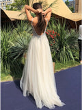 A-Line V-Neck Backless Floor-Length Ivory Tulle Prom Dresses with Beading OKN20