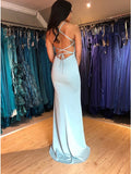 Mermaid Spaghetti Straps Sweep Train Light Blue Prom Dresses with Split OKN31