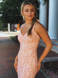 Mermaid V-neck Sleeveless Pink Lace Backless Prom Dress With Straps OKG96