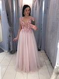 A-Line V-Neck Floor-Length Pink Prom Party Dresses with Sequins OKL69