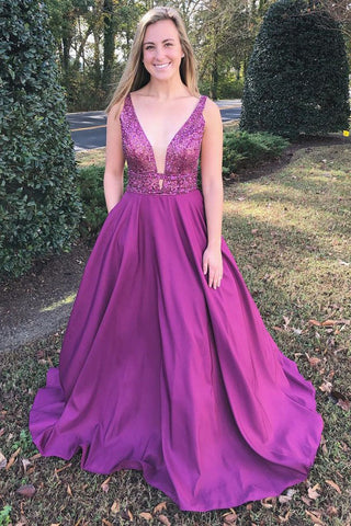 A-Line V-Neck Sweep Train Fuchsia Prom Dresses with Beading Pockets OKL87