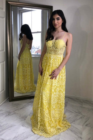 Charming A-Line Spaghetti Straps Floor-Length Yellow Lace Prom Dresses OKL73