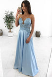 A-Line Illusion Round Neck Light Blue Satin Prom Dresses with Appliques OKL76