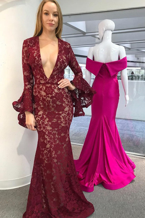 Burgundy Mermaid Deep V-Neck Long Sleeves Lace Prom Dresses OKL88