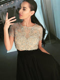 Two Piece Crew Short Sleeves Floor-Length Black Prom Dresses with Beading OKL89