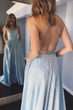Light Blue Spaghetti Straps Long Simple Prom Dress With Pockets OKT44