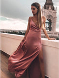 Sheath Spaghetti Straps Floor-Length Blush Prom Dresses with Split OKN23