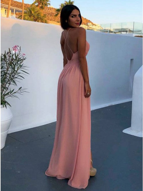 A-Line Deep V-Neck Floor-Length Pink Chiffon Prom Dresses with Split OKN27