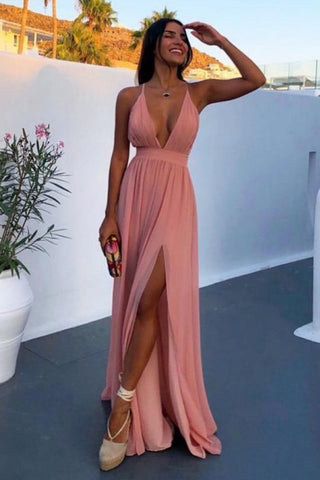 A-Line Deep V-Neck Floor-Length Pink Chiffon Prom Dresses with Split OKN27