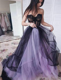 New Arrival Sweetheart Long Tulle Sleeveless Lilac Black Prom Dresses with Appliques OKH42