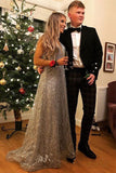 Popular V-Neck Long Silver Prom Dress with Beading Sequin Evening Dress OKS76