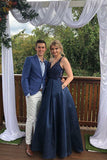 A-line Satin Beading V Neck Navy Blue Prom Dress With Pockets OKT45