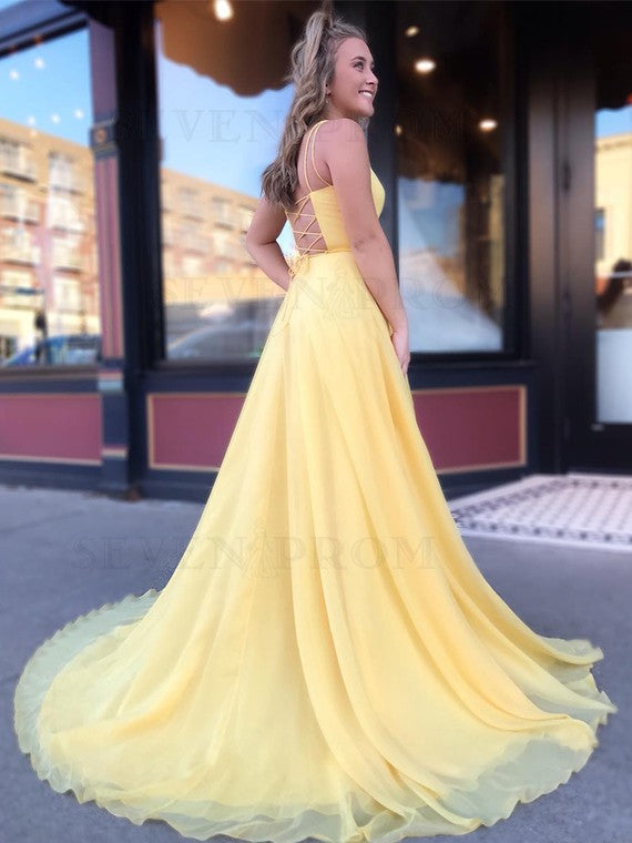 Yellow Long Chiffon A-line Prom Dress New with Lace Up Back OKS51