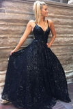Navy Blue Spaghetti Straps A-line Sequins Prom Dress Formal Evening Dress OKT47