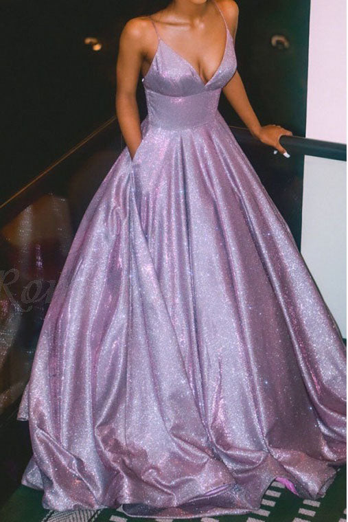 A-line Spaghetti Straps Long Prom Dress Glitter Lilac Evening Dress OKQ89