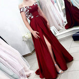 A Line Off the Shoulder Short Sleeves Burgundy Satin Prom Dresses With Split OKQ64