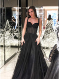 A-line Spaghetti Straps Long Prom Dress Sleeveless Black Evening Dress OKS78