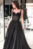 A-line Spaghetti Straps Long Prom Dress Sleeveless Black Evening Dress OKS78