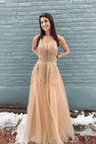 Stylish V-neck Lace Appliques Long Prom Dress A line Evening Dress OK1311