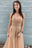 Stylish V-neck Lace Appliques Long Prom Dress A line Evening Dress OK1311