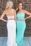 Two Pieces Mermaid Spaghetti Straps Long Lace Prom Dress Sexy Party Dress OKZ86