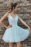 Unique A-Line V Neck Tulle White Short Homecoming Dress With Lace Appliques OK1548