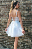 Unique A-Line V Neck Tulle White Short Homecoming Dress With Lace Appliques OK1548