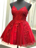 Straps Short Homecoming Dress Lace Appliqued Red Short Prom Dress OKW5