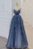 A Line Blue Tulle Long Prom Dress Spaghetti Straps Evening Party Dress OK1170