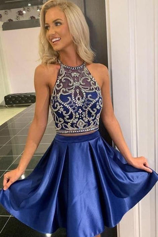 A Line Satin Royal Blue Beading Homecoming Dress Short Prom Dress Back To School Party Gown OK1017