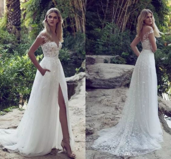 Lace Boho Off the shoulder Cap Sleeves Long Country Slit Wedding Gowns, Beach Wedding Dress OK242