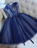 Cute Navy Blue Sweetheart Tulle Beading Appliques Short Homecoming Dress OKD45