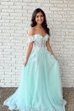 Mint Green Tulle Applique Long Prom Dress Off the Shoulder A line Evening Dress OK1275