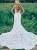 Mermaid V Neck Backless White Lace Long Wedding Dress Beach Boho Bridal Dress OKF76