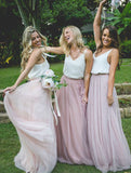 Gorgeous 2 Pieces Pink Tulle Long Bridesmaid Dress with White Top OKM95