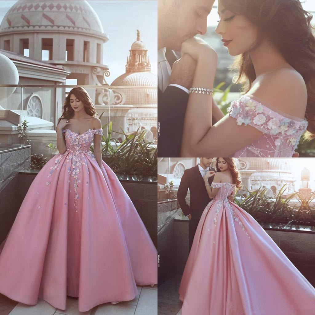 Pink Off the Shoulder Ball Gown Lace Appliques Satin Prom Dresses OK903