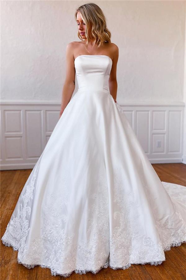 Simple Lace Appliqued Long Strapless Satin Off White Wedding Dress with Pockets OKY65
