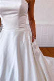 Simple Lace Appliqued Long Strapless Satin Off White Wedding Dress with Pockets OKY65