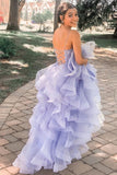 A Line Lavender Long Prom Dress with Cascading Ruffles Evening OK1343