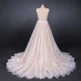 A Line Lace Sleeveless Elegant Wedding Dresses, Backless Long Bridal Dresses OKQ27