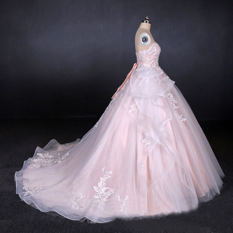 Princess Pearl Pink Ball Gown Wedding Dress Sweetheart Appliques Bridal Gown OKQ24