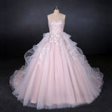 Princess Pearl Pink Ball Gown Wedding Dress Sweetheart Appliques Bridal Gown OKQ24