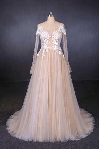 Charming A Line Long Sleeves Lace Appliques Tulle Wedding Dresses OKQ30